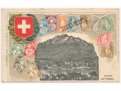 Švýcarsko, Locern, známková koláž s pohledem na město, 1907