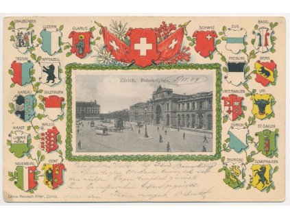 Švýcarsko, Zürich (Curych), erbová koláž,  Bahnhofplatz, 1904