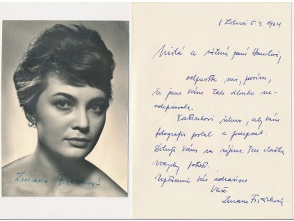 Fišárková Zuzana (1939), česká herečka, portrétová pohlednice s vl. podpisem + dopis
