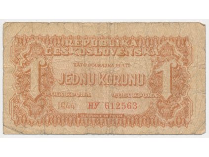 ČSR, 1 Kč, 1944, poukázka, série HY, neperforovaná, oběhový stav