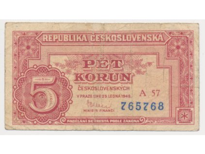 ČSR, 5 Kčs, 1949, série A, neperforovaná, oběhový stav