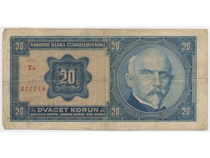 ČSR, 20 Kč, 1926, série Te, neperforovaná, oběhový stav