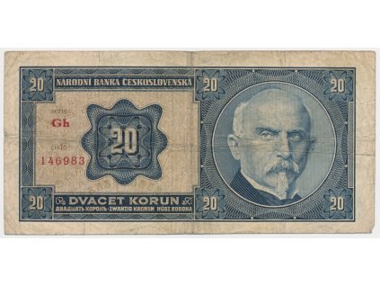 ČSR, 20 Kč, 1926, série Gh, neperforovaná, oběhový stav