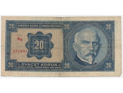 ČSR, 20 Kč, 1926, série Bg, neperforovaná, oběhový stav