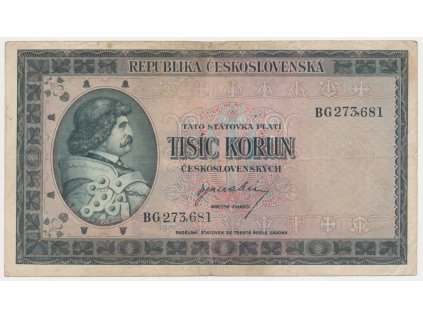 ČSR, 1000 Kčs, bez data (1945), série BG, neperforovaná, oběhový stav