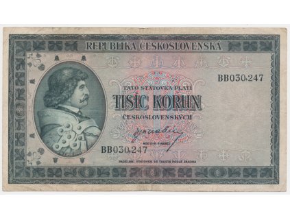 ČSR, 1000 Kčs, bez data (1945), série BB, neperforovaná, oběhový stav