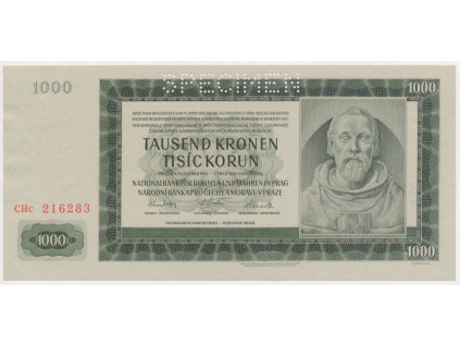Protektorát, 1000 K, 1942, série CHc, perforace SPECIMEN, stav UNC