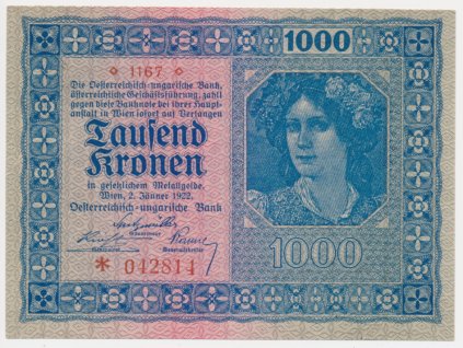 Rakousko, 1000 Kronen, 1922, série 1167, stav 0