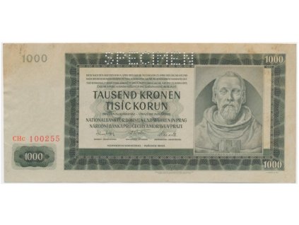 Protektorát, 1000 K, 1942, série CHc, perforace SPECIMEN, mírně zašpiněno, jinak stav 0