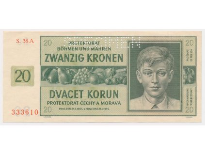 Protektorát, 20 K, 1944, série 38 A, perforace SPECIMEN, stav 0