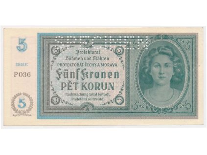 Protektorát, 5 K, bez data (1940), série P 036, perforace SPECIMEN, stav UNC