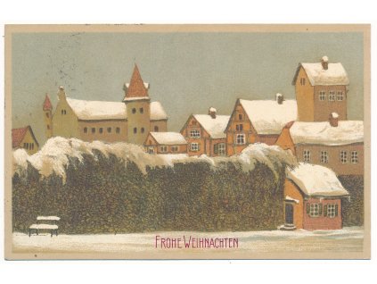 Vánoční přání, Fröhliche Weihnachten, Zasněžené střechy domů, cca 1910