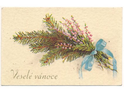 Veselé Vánoce, větvička s mašlí, cca 1940