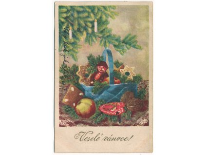 Vánoční přání, Košík s perníčky, jablko, svíčky..., cca 1923