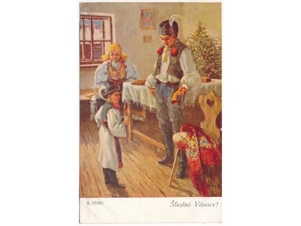 Vánoční přání,  Šťastné Vánoce!, lidové kroje, S. Feikl, cca 1917