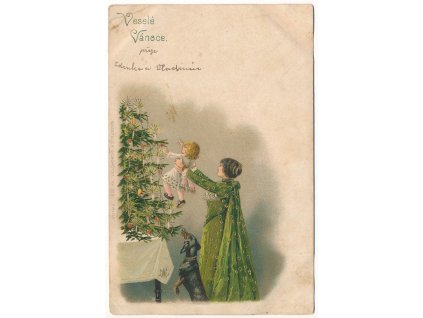 Vánoční přání, zlacená koláž, maminka a miminko u stromečku, cca 1900