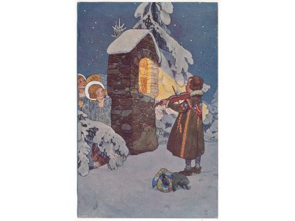 Vánoční pozdrav, Chlapeček hraje na housle, Ježíšek..., J. Wenig, cca 1917