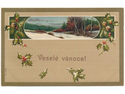 Vánoční přání, reliéfní koláž, zimní krajina, cca 1911