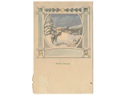 Vánoční přání, koláž, zimní krajina, srnka..., cca 1911