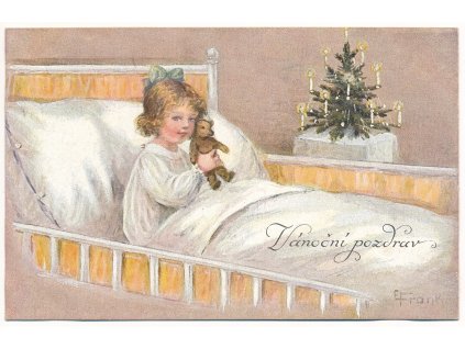 Vánoční pozdrav, Holčička s medvídkem v postýlce, stromeček..., 1922