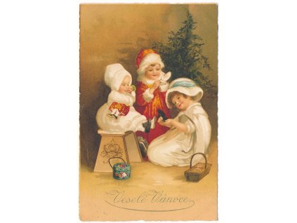 Vánoční přání, 3 děti u stromečku, cca 1924