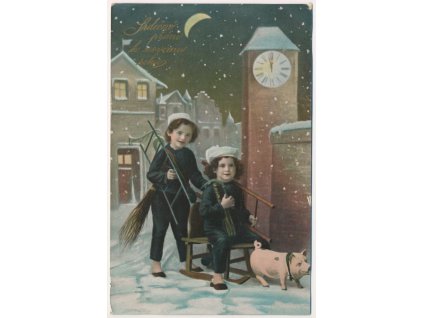 Srdečné přání k Novému roku, kominíčci, prasátko..., cca 1912