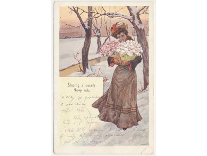 Šťastný a veselý Nový rok!, Dívka v klobouku s květinami, 1907