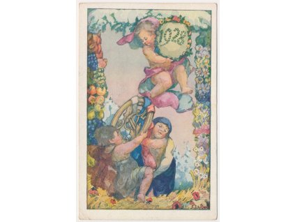 Sokolský novoroční pozdrav, na rubu reklamní přítisk-obuvnictví J. Krásenský,1924