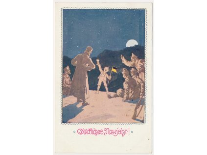Vojenské novoroční přání, prošlá poštou 1914