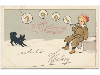 Novoroční přání, Chlapeček s píšťalkou a pejsek, prošlá poštou 1902