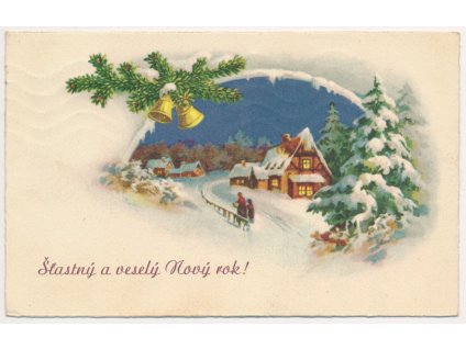 Šťastný a veselý Nový rok!, koláž, zimní krajina, zvonečky..., 1942