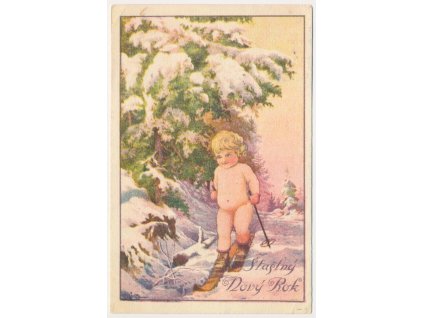 Šťastný Nový rok!, dítě, lyže, zimní krajina..., 1928