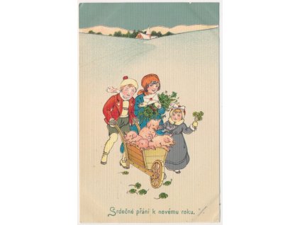 Srdečné přání k Novému roku, děti, prasátka..., 1909