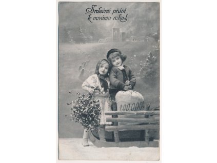 Srdečné přání k Novému roku, děti, jmelí..., 1917