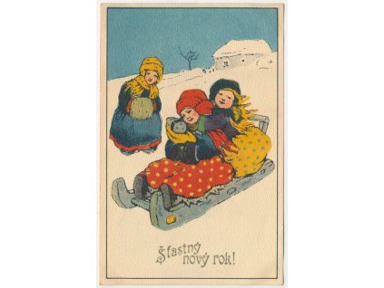 Novoroční přání, Děti na sáňkách, F. Šnajberk, prošlá poštou 1918