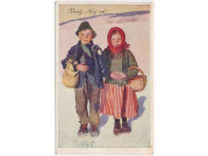 Veselý Nový rok, umělecká dopisnice akad. malíře R. Kremličky, 1917