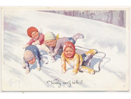Veselý Nový rok, Děti, sníh, sáňky..., cca 1912