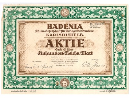 Akcie, BADENIA - společnost pro vydavatelství a tisk, 100 RM, Karlsruhe, 1926