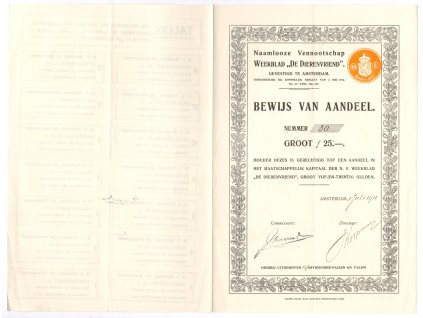 Akcie, Die Dierenvriend (Spolek přátel zvířat), 25 Guldenů, Amsterdam, 1911