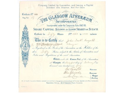 Akcie, The Glasgow Athenaeum, podílový list na 50 ks akcií, Glasgow, 1905