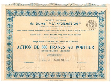 Akcie, Du Journal "L information", akcie na 500 Franků, Paříž, 1920
