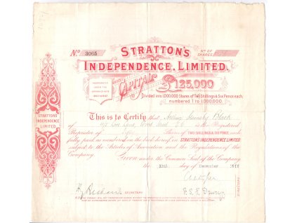 Akcie, Strattons Independence Limited, akcie na 2 Pence a 6 Šilinků, 1908