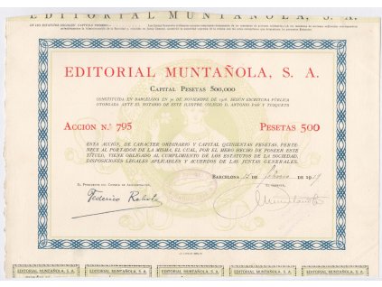 Akcie, Editorial Muntaňola, 500 Pesetas, Barcelona, 1929