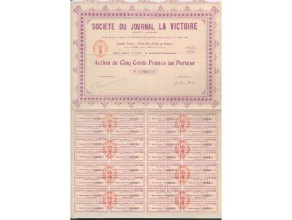 Akcie, Sociité du Journal  la Victorie, akcie na 5 centů, Paříž 1928