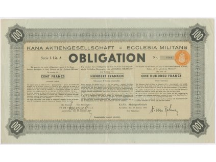 Obligace, Kana Aktiengesellschaft  Ecclesia Militans, 100 Franků, Amsterdam, 1937