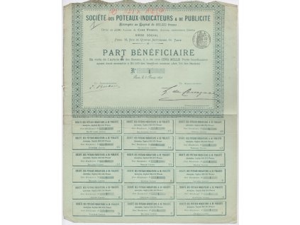 Akcie, Societé Poteaux - Indicateurs, akcie na 40 Franků, Paříž, 1891