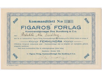 Akcie, Figaros Förlag, 500 akcií, Stockholm, 1918