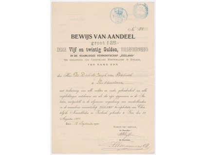 Akcie, Bewijs van Aandeel, akcie na 25 Guldenů, Goes, 1900