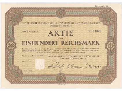Akcie, Větřní u Českého Krumlova, Papírny, akcie na 100 RM, Wettern, 1941