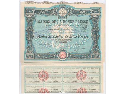 Akcie, Maison de la Bonne Pres, akcie na 1000 Franků, Paříž, 1929